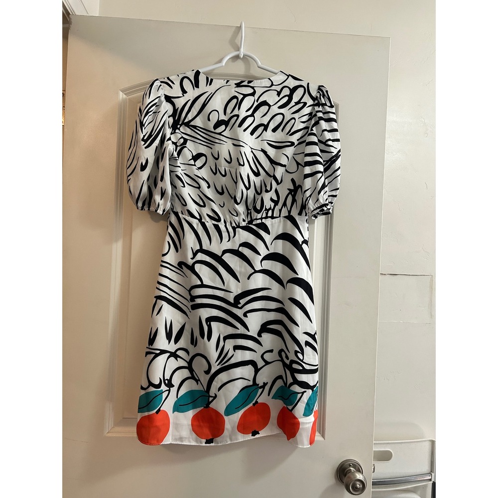 Staud Mini Milla Dress White Citrus Scarf Print V-Neck Puff Sleeve Size 8 NEW - Picture 2 of 9